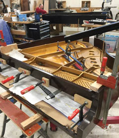 Pianos in the shop being repaired